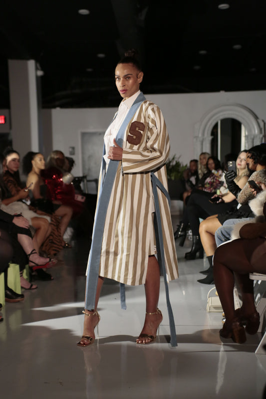 EXTENDED PINSTRIPE LETTERMAN KIMONO